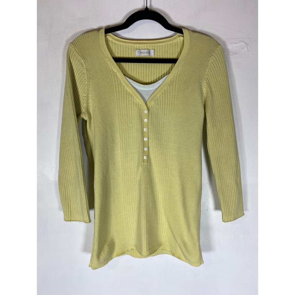 Preppy Butter Yellow Ribbed Henley Top Medium 3/4 Sleeve Y2K Cotton 00s 90s - Picture 1 of 7